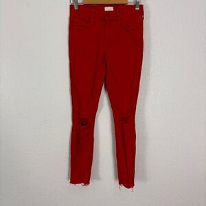 Mother Firecracker Red Distressed Knee Looker Ankle Frey Skinny Jeans